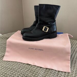 Stuart Weitzman Black Leather Mid-Calf Boots with Gold Buckle